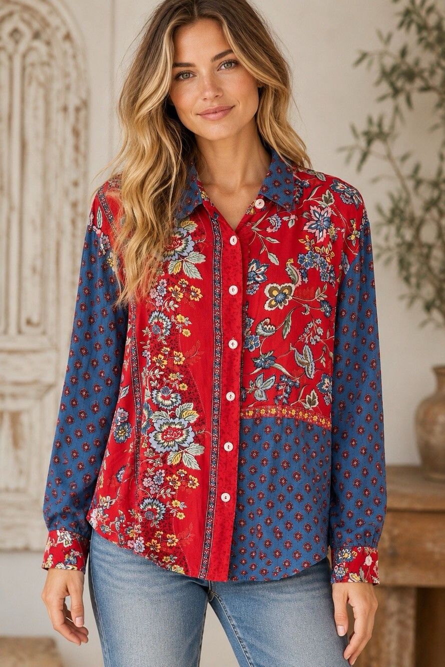 Napa Valley Boho Red Blue Floral Collared Button Front Blouse Long Sleeve SZ 12